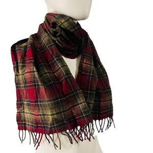 Pendleton Red Green Plaid Wool Scarf Made in USA Virgin Wool Fringe Trim